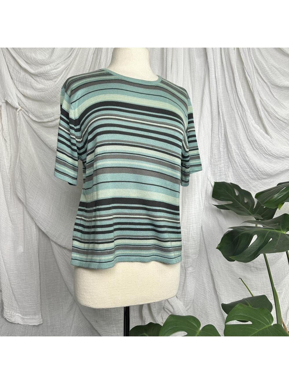 Vintage Kasper casual indie blue and green striped short sleeve top